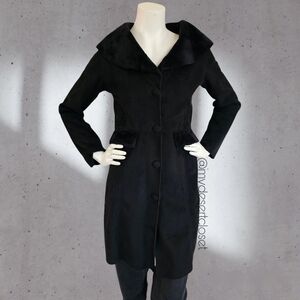 Arden B. Faux Suede Leahter Black Feminine Bussines Casual Long Coat w/ Pockets